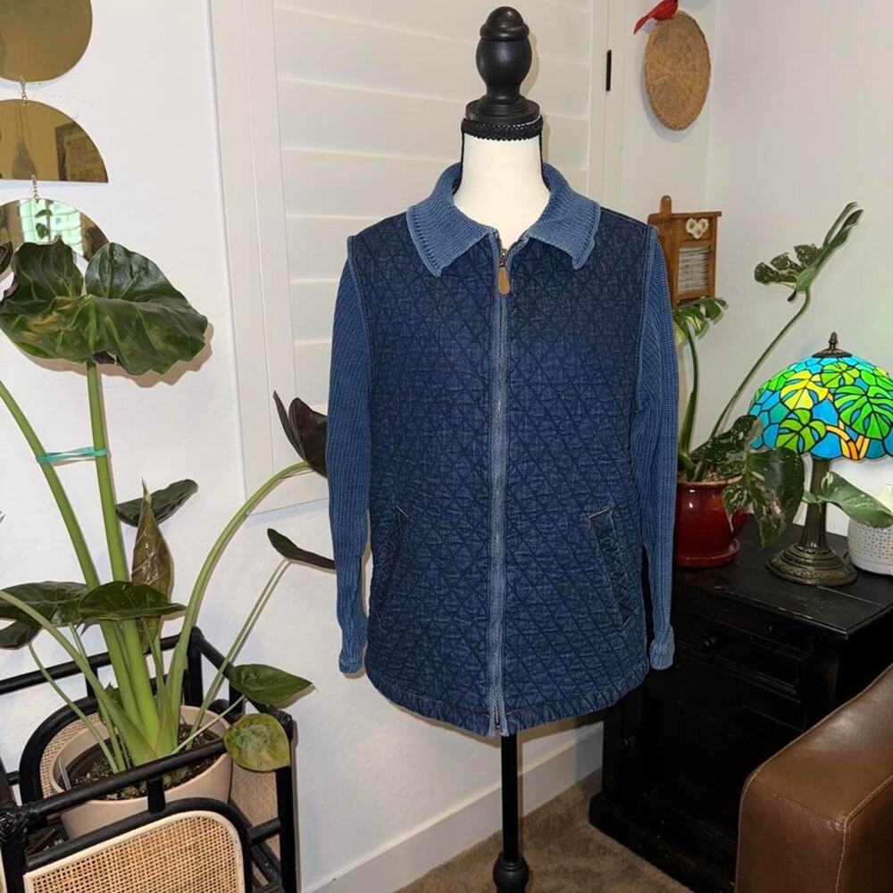 Vintage 90s BLAST Petites Quilted Denim Knit Sleeve Jacket Blue Petite